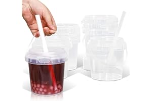 UMETASS Clear Plastic Cups with Lid and Straw, Reusable Drink Bucket with Handle for Iced Coffee, Smoothie, Ice Cream - Sturdy Food Safe Party Cups for Pool, Beach, Birthday Parties (8, 32 oz)