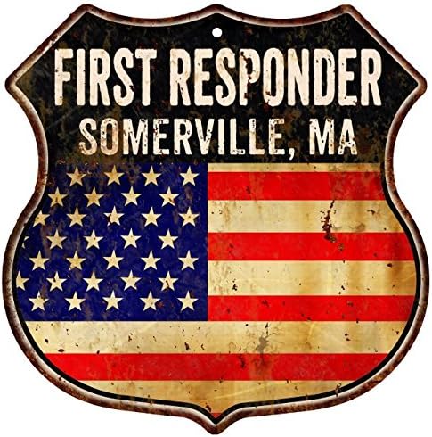 SOMERVILLE, MA First Responder American Flag 12x12 Metal Shield Sign S122691