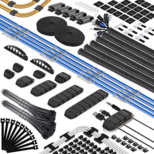 Kit de Gestion de Câbles 313 pièces Avec 65 Clips Câbles Adhésifs,6 Manchon de Câble Gaine,20+2 Attache Câble Organisateur Rallonge,20 Bases de Serre-câbles,200 Serre Câbles,Organisateur de Câbles