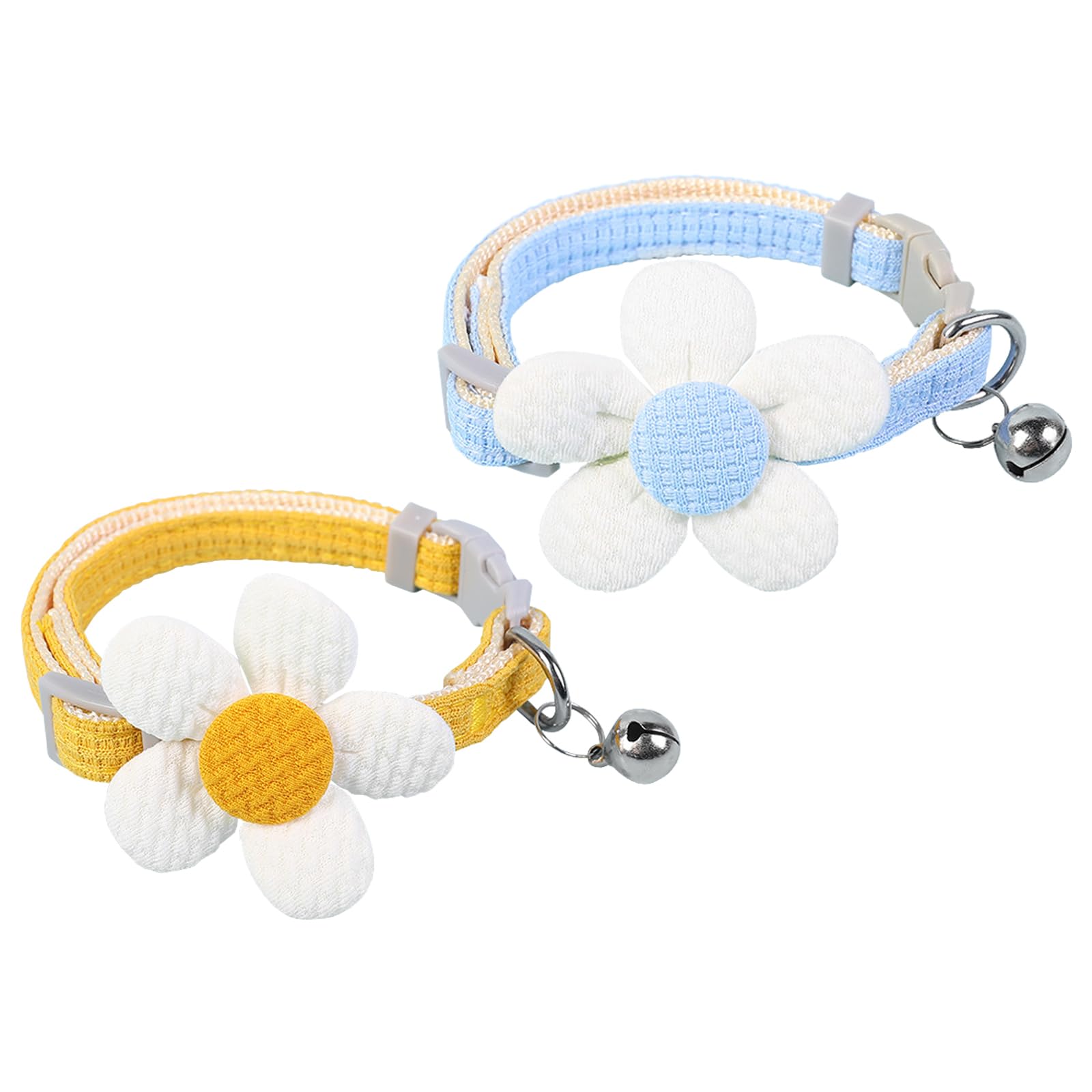YZZT 2 Pcs Cute Pet Cat Collars - One Blue and One Yellow, Decorated with 3D Flowers and Bell, Nylon Material, Adjustable and Easy to Wear(Blue,Yellow)