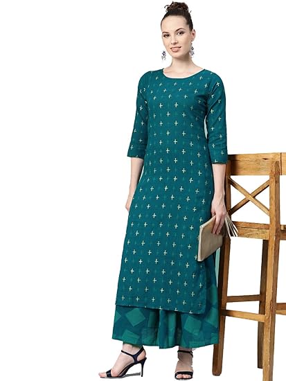 Women's Teal Blue and Golden Printed Cotton Kurta with Skirt
