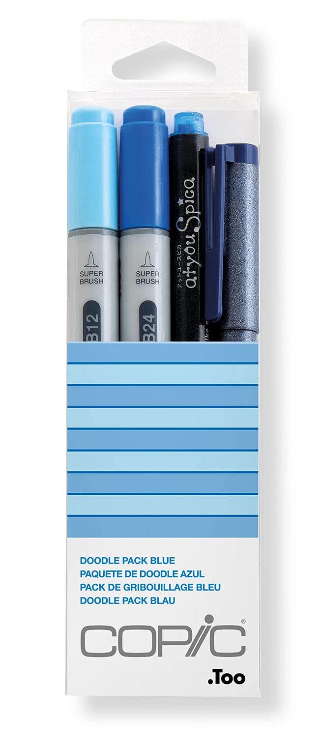 Copic Ciao Coloured Marker Pen - Doodle Pack of 4 Blue, For Art & Crafts, Colouring, Graphics, Highlighter, Design, Anime, Professional & Beginners, Art Supplies & Colouring Books