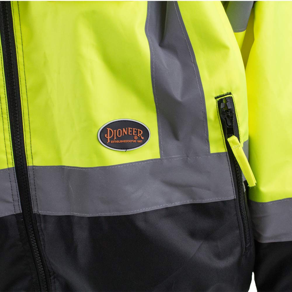 Pioneer High Visibility Safety Bomber Jacket for Rain - Hi Vis, Waterproof, Reflective, ANSI Class 3, Work Coat with Detachable Hood for Men – Yellow/Black: Industrial & Scientific