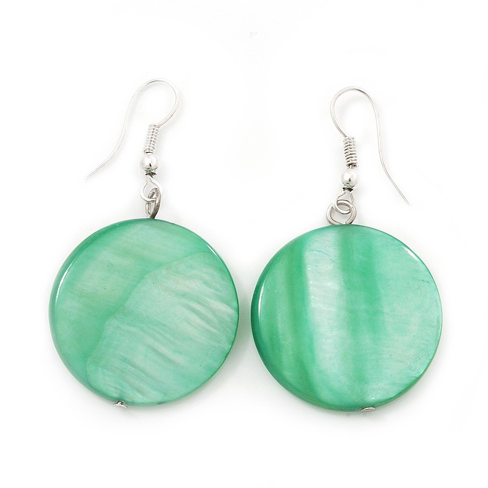 Light Green Shell Coin Drop Earrings/Silver Tone Hook/ 4cm L