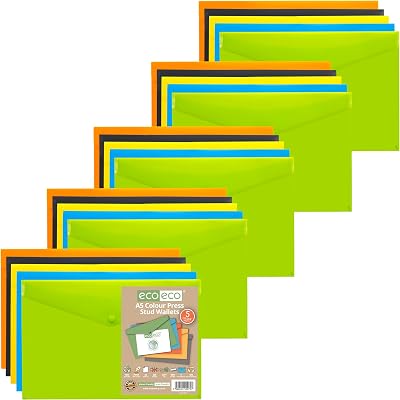 eco-eco A5 50% Recycled Wallets Pack of 25 Press Stud Folders Assorted Colours