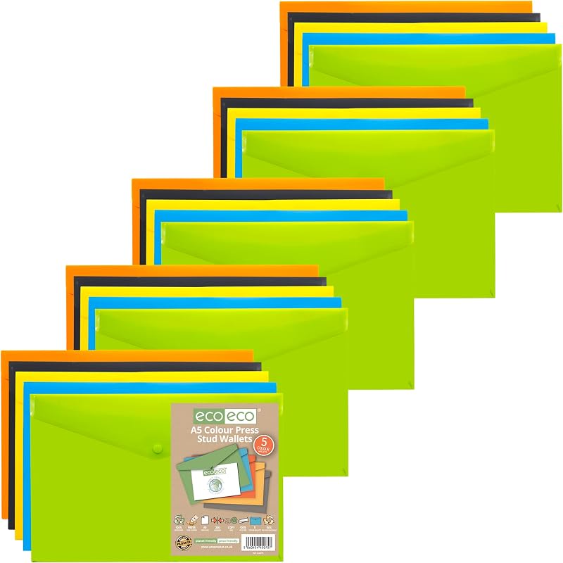 eco-eco A5 50% Recycled Wallets Pack of 25 Press Stud Folders Assorted Colours
