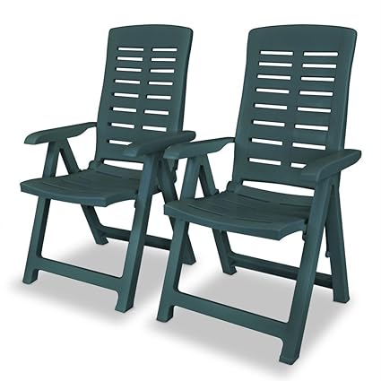 Vidaxl 2x Reclining Garden Chairs Plastic Green Outdoor Bistro Foldable Seat
