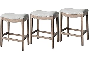 Maven Lane Adrien Backless Counter Stool – Set of 3 – 26 Inches – Saddle Stool with Footrest – Grey Solid Wood Frame & Grey Fabric Upholstery – Perfect for Kitchen Islands & Counters