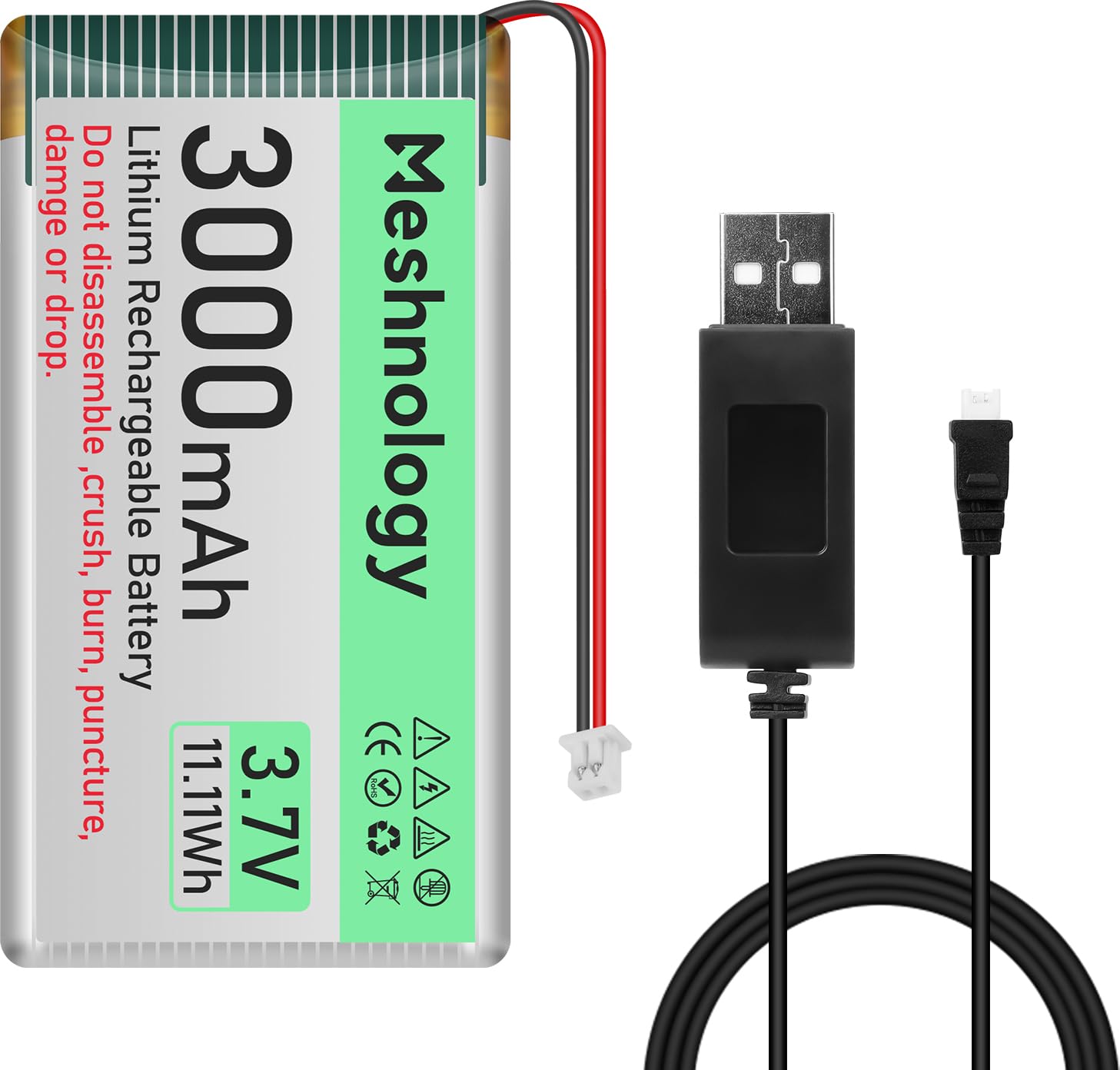 Photo 1 of Meshnology 3.7V 3000mAh Li Battery with USB Charger Cable 103665 1S LiPo Battery with Protection Board Insulated Rubber Tape and Micro JST 1.25 Plug for Arduino ESP32 Module Board Drone RC Car (1Pack)