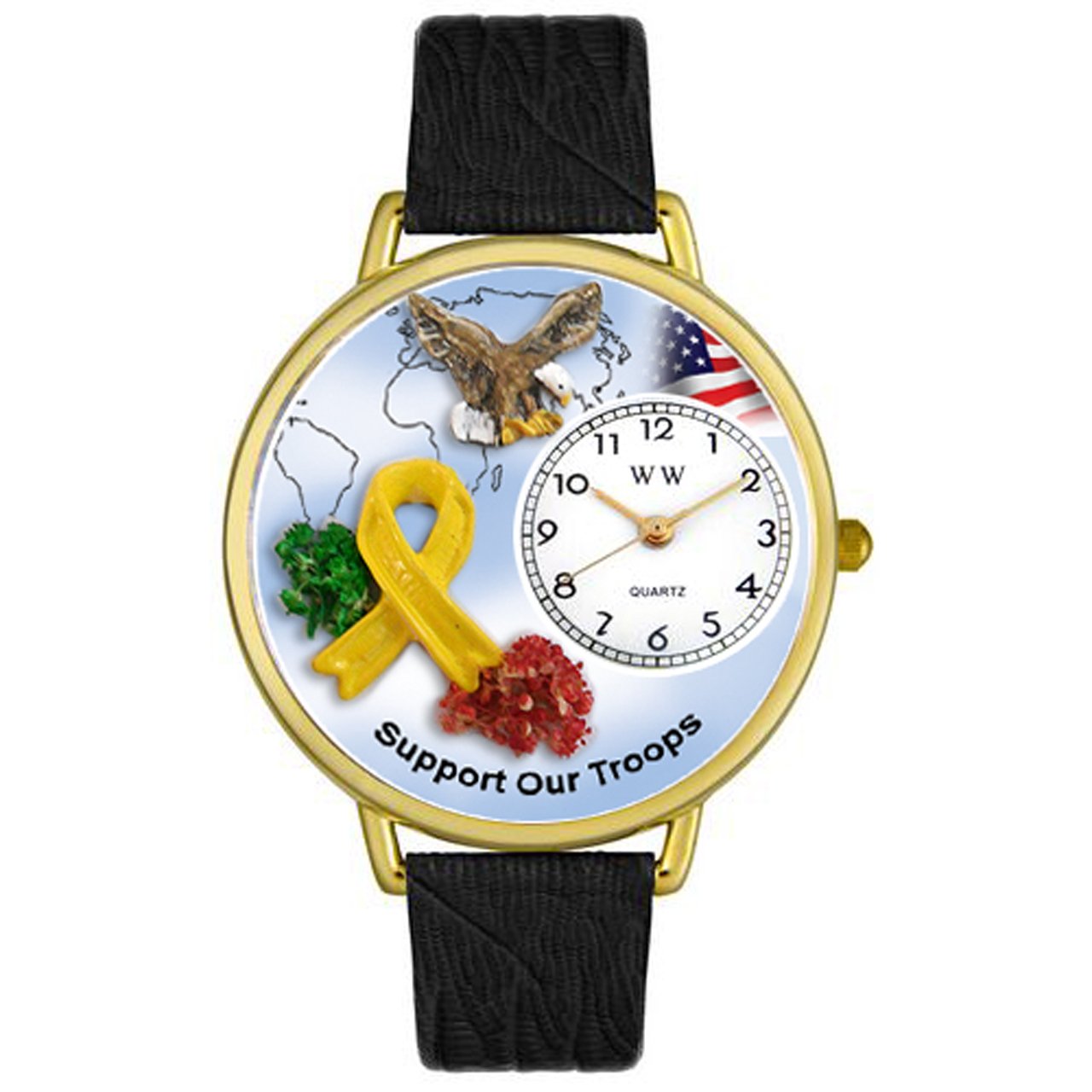 Whimsical Watches Support Our Troops Tan Leather and Goldtone Unisex Quartz Watch with White Dial Analogue Display and Multicolour Leather Strap G-1110005