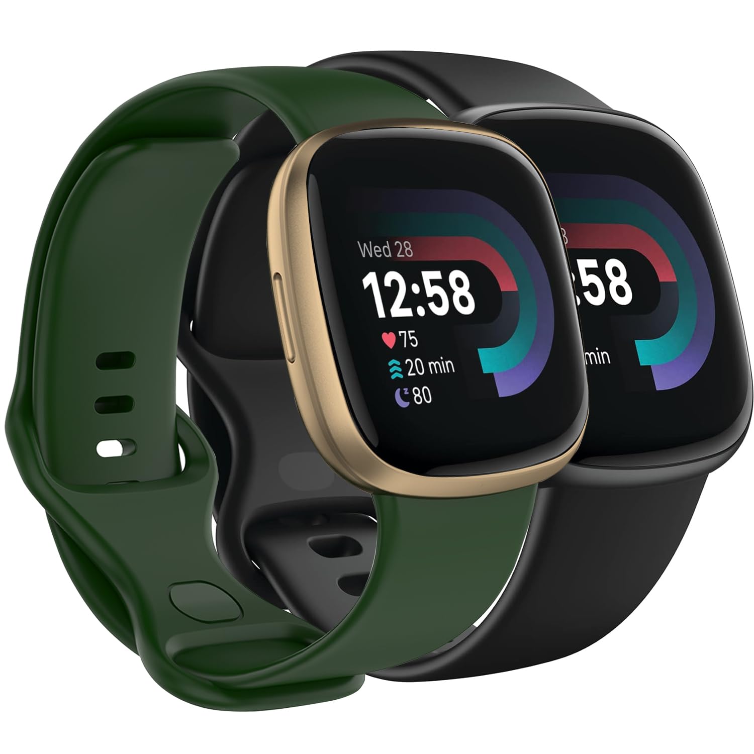 Photo 1 of Nacorulu Compatible with Fitbit Versa 4 / Versa 3 / Sense/Sense 2 Bands, Soft Silicone Replacement Band for Women Men 2 Pack(Black_Army Green, Small(5.5"-7.1"))