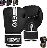 EVO Fitness Boxing Gloves Matte Black 10 Oz with Hand Wraps Men Women
