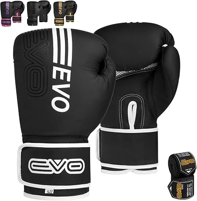EVO Fitness Boxing Gloves Matte Black 10 Oz with Hand Wraps Men Women