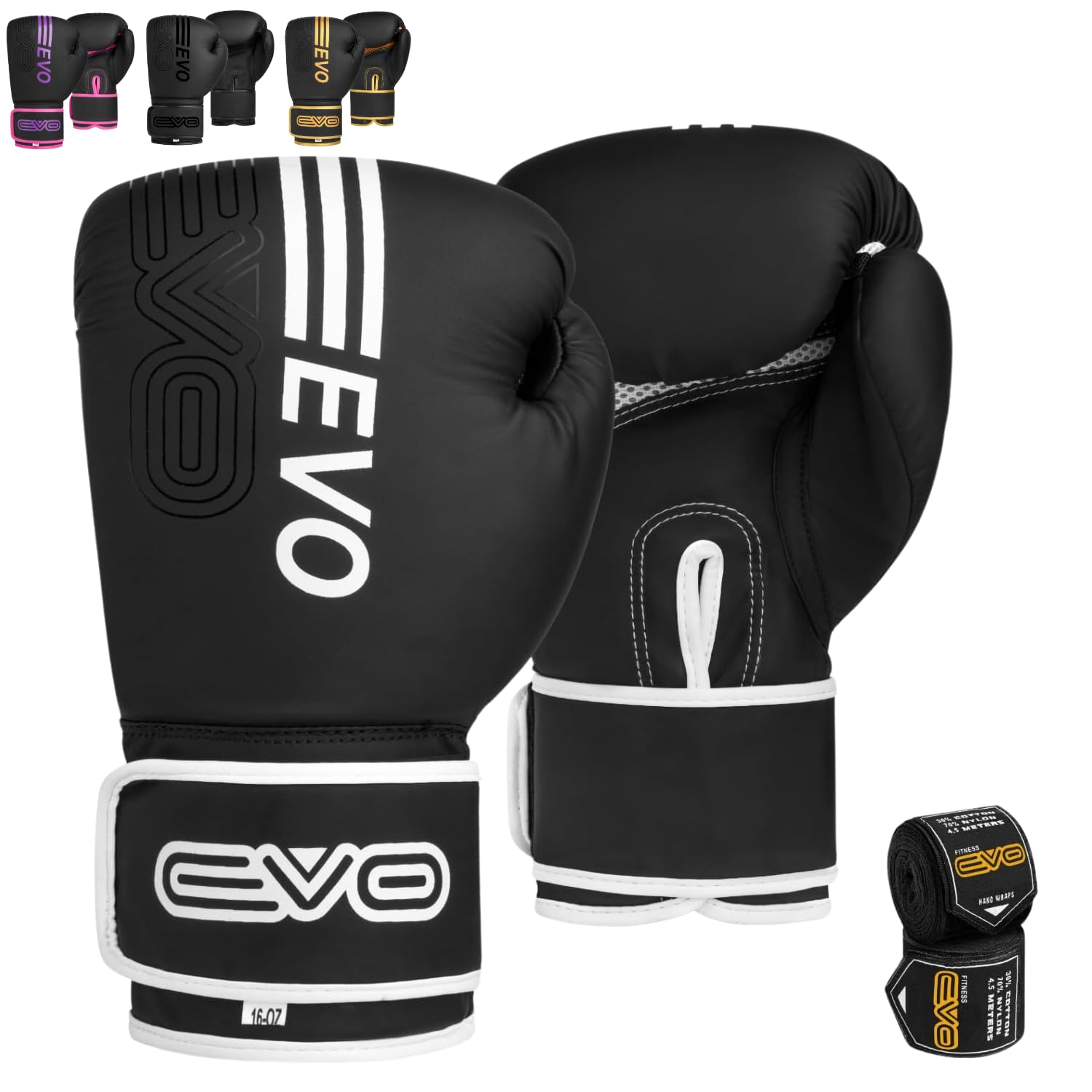 EVO Fitness Matte Black Boxing Gloves MMA Muay Thai Martial Arts Kick Boxing Sparring Training Fighting Men Punch Bag Women Pink Gloves With Hand Wraps (White, 16 OZ)