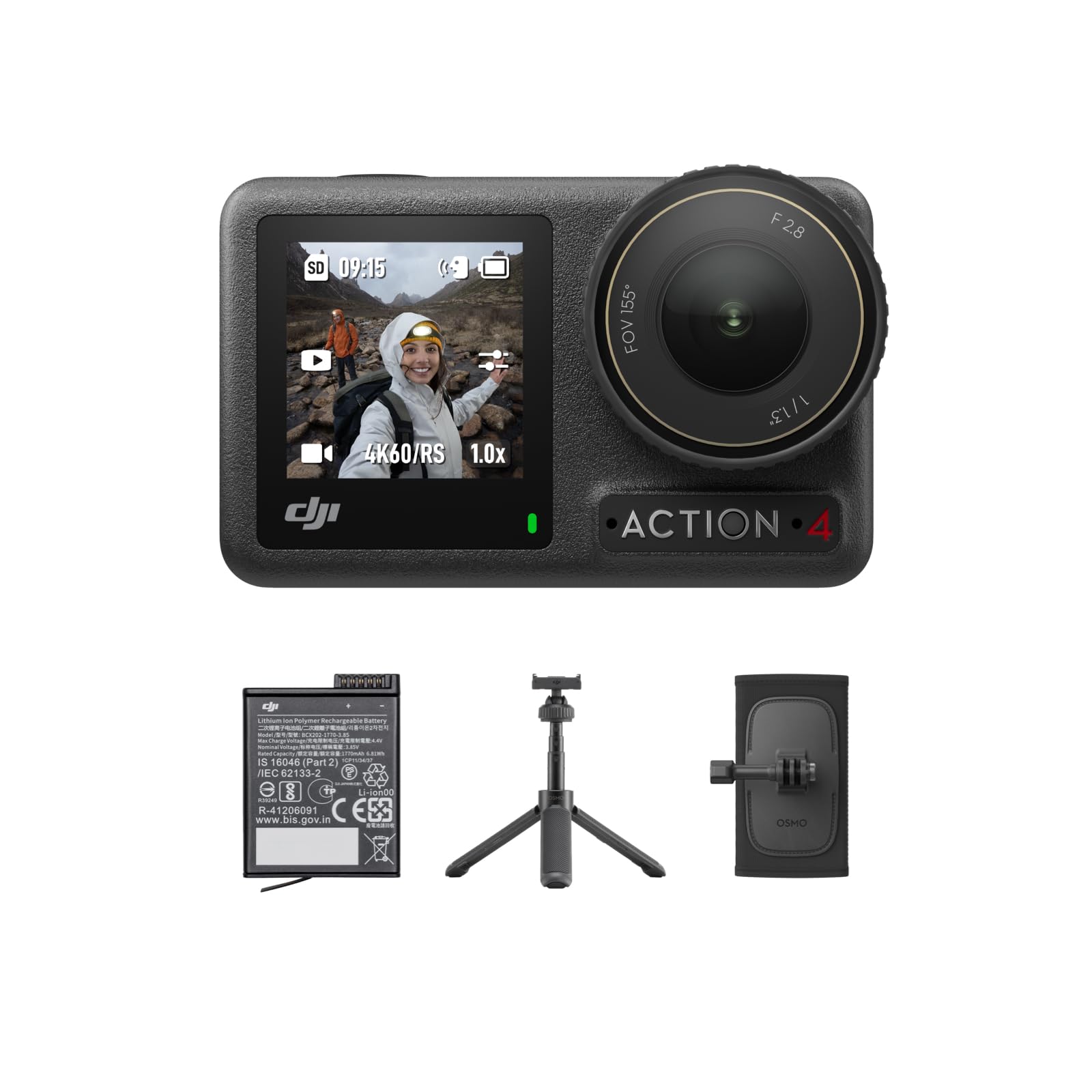 DJI Osmo Action 4 Hiking Combo - 4K Action Camera with 1/1.3-Inch Sensor, 155º FOV, Magnetic Quick Release, 2 Batteries Bring Longer Life, Mini Extension Rod, Backpack Strap Mount, Vlog Camera