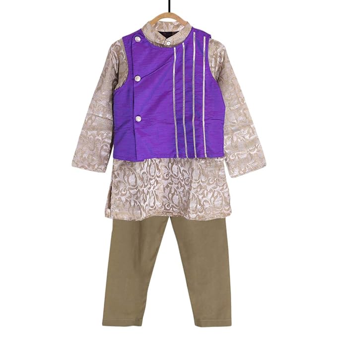 Peaches By Hopscotch Boys Poplin Kp-Golden Kurta Jacket Set In Gold Color