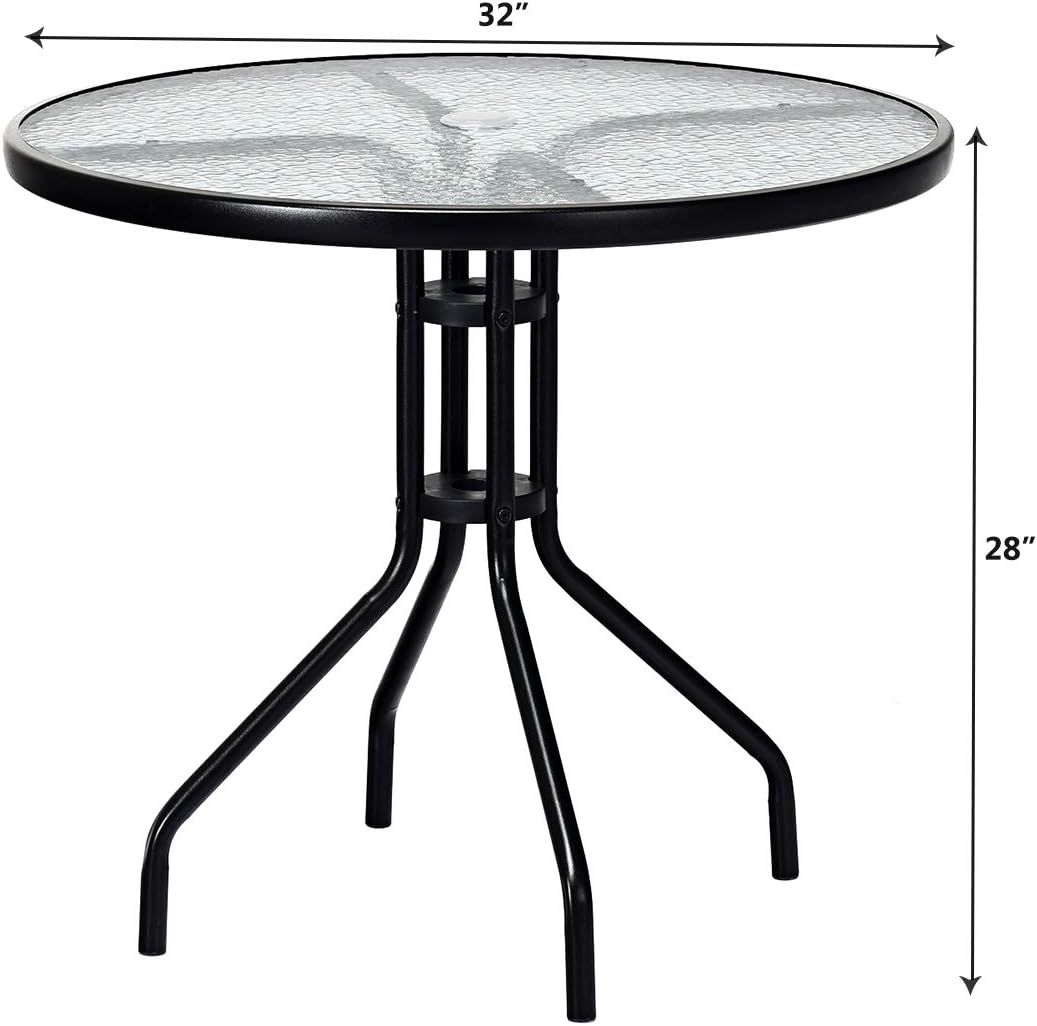 Goplus 32" Outdoor Patio Table Round Shape Steel Frame Tempered Glass Top with Umbrella Hole Commercial Party Event Furniture Conversation Coffee Table for Backyard Lawn Balcony Pool (Black): Kitchen & Dining