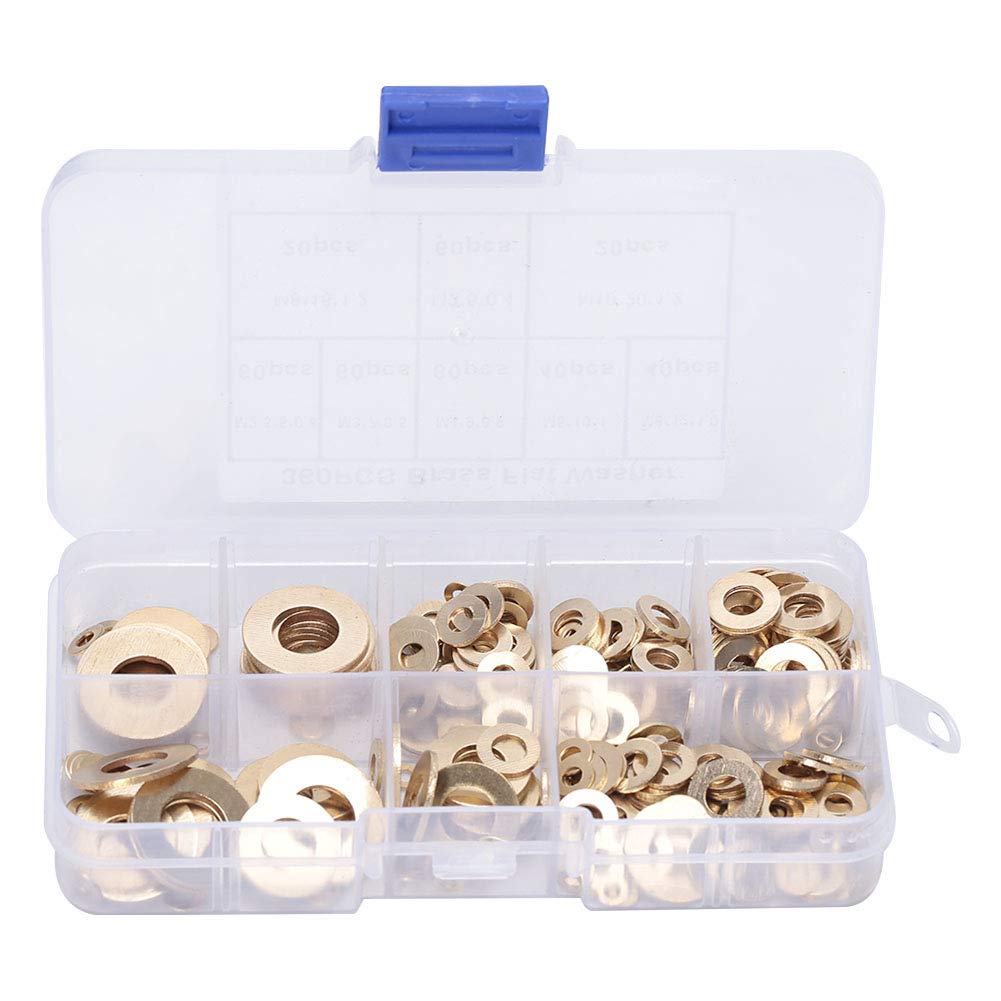 Brass Flat Washer Kit 360pcs Assorted Metric Sizes M2 M2.5 M3 M4 M5 M6 M8 M10, Copper Gaskets Sealing Hardware for Automotive Marine Electrical Plumbing Repair