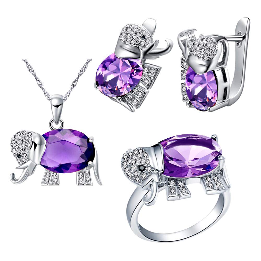 Uloveido Women Platinum Plated Purple Crystal Love Elephant Pendant Necklace Promise Ring and Studs Earrings Jewellery Set for Kids Girls Birthday Gift T485
