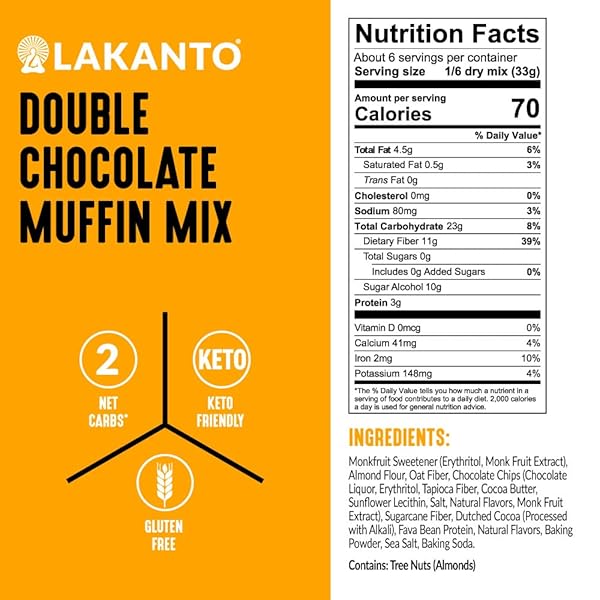LAKANTO SUGAR FREE DOUBLE CHOCOLATE MUFFIN MIX – SWEETENED WITH MONK FRUIT SWEETENER, 2G NET CARBS, DAIRY FREE, GLUTEN FREE, KETO DIET FRIENDLY, ALMOND FLOUR, DUTCHED COCOA, SEA SALT
