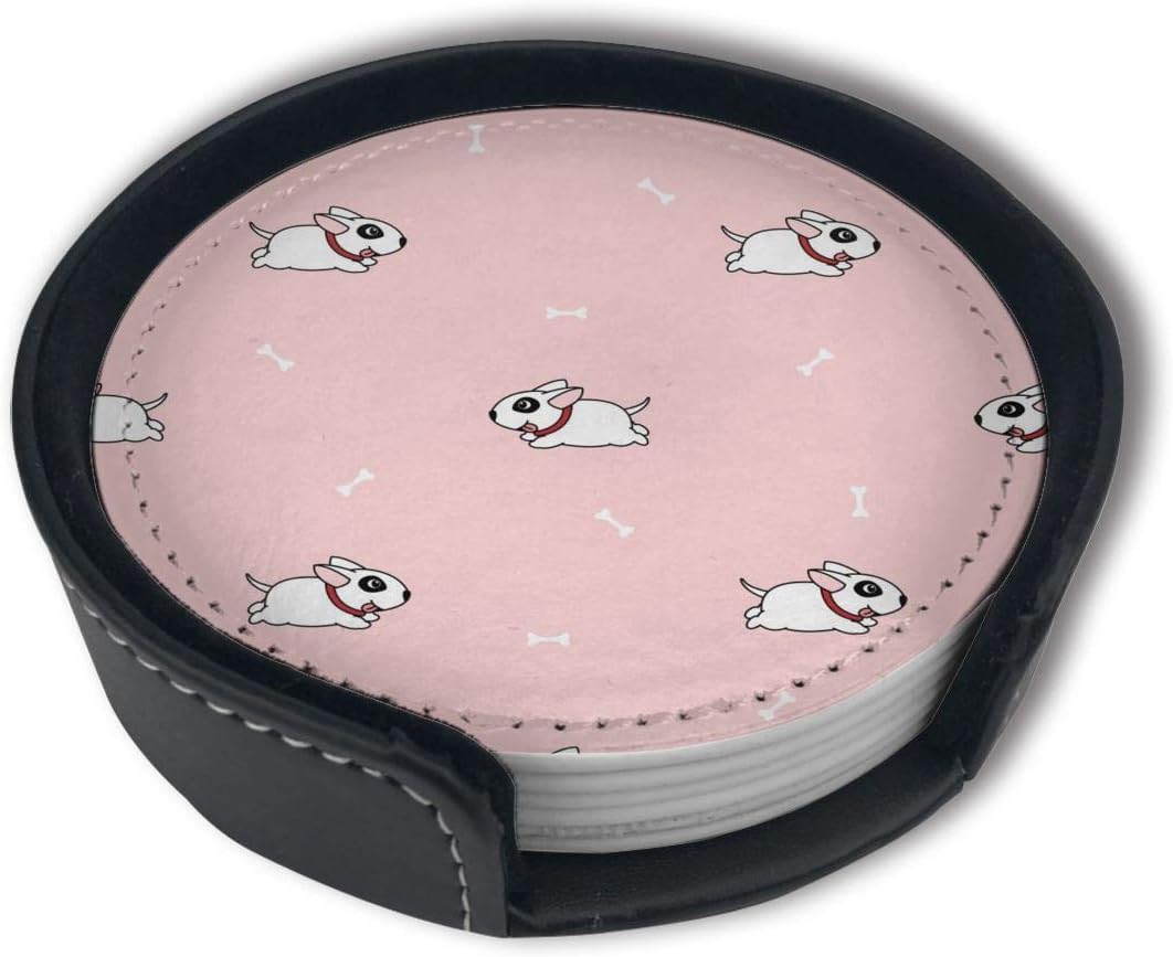 OUYouDeFangA Cute Terrier Puppy Cartoon Pink Coasters With Holder Set,Round Mugs And Cups Mat Pad For Drinks,Suitable For Home And Kitchen(6PCS)