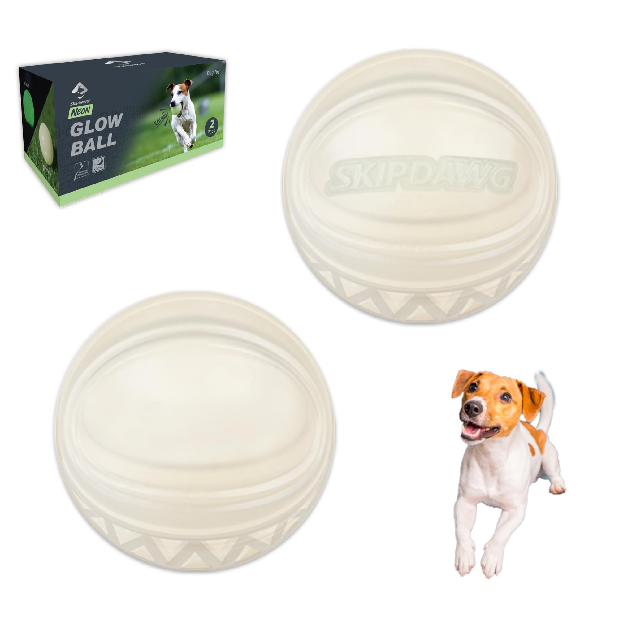 SKIPDAWG Interactive Dog Glow Balls, Dog Tennis Balls Light Up, Dog Toys Squeaky Balls Durable TPR Light Weight, Night Glowing Fetch Ball/Exercise Ball for Dogs Size 2.5 Inches, 2 Pack