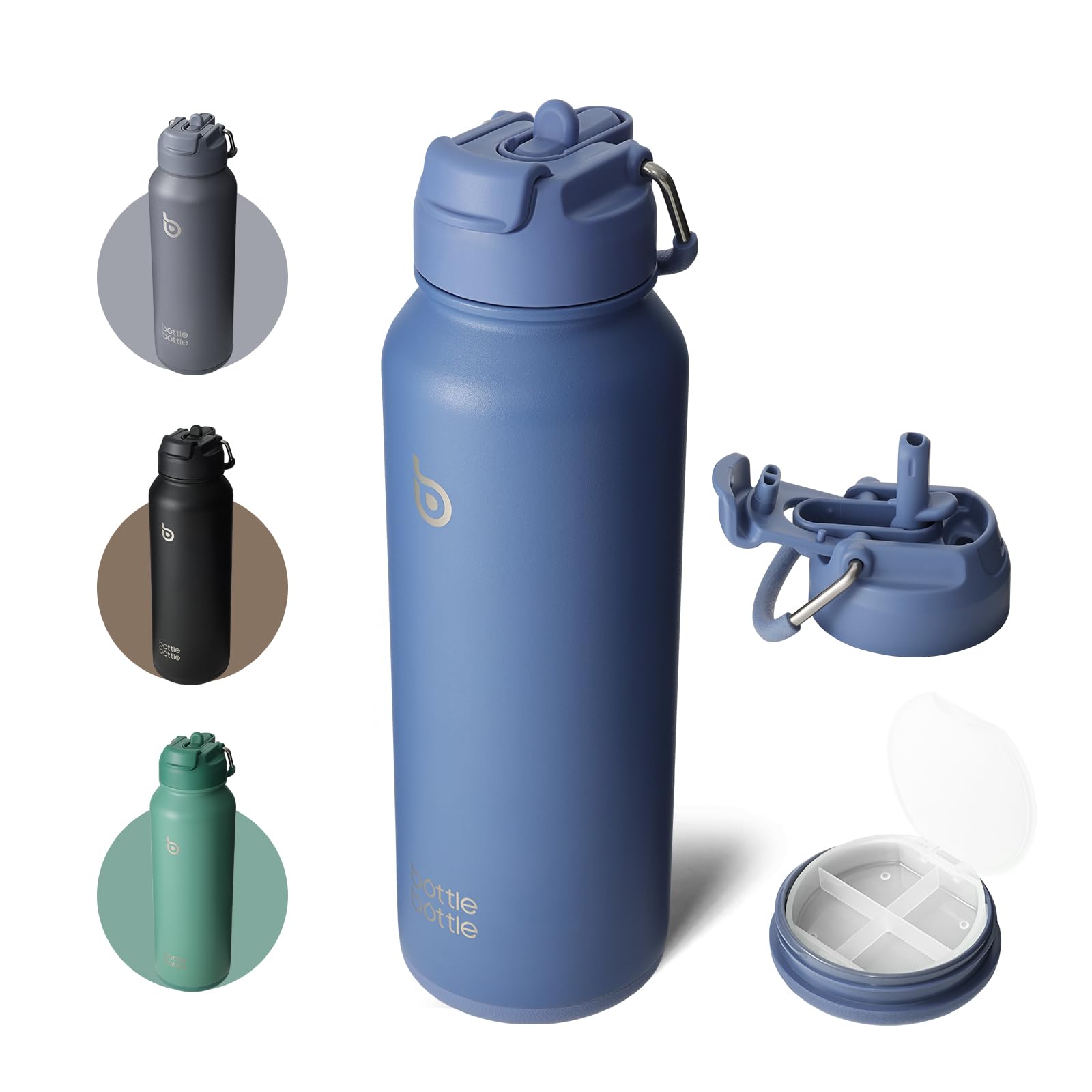 BOTTLE BOTTLE 水筒 1リットル 二重構造 保冷保温 魔法瓶 大容量 1000ml ステンレスボトル ストロー付き 直飲み 2WAY蓋 底部収納 漏れ防止 持ち運び スポーツ アウトドア ブルー