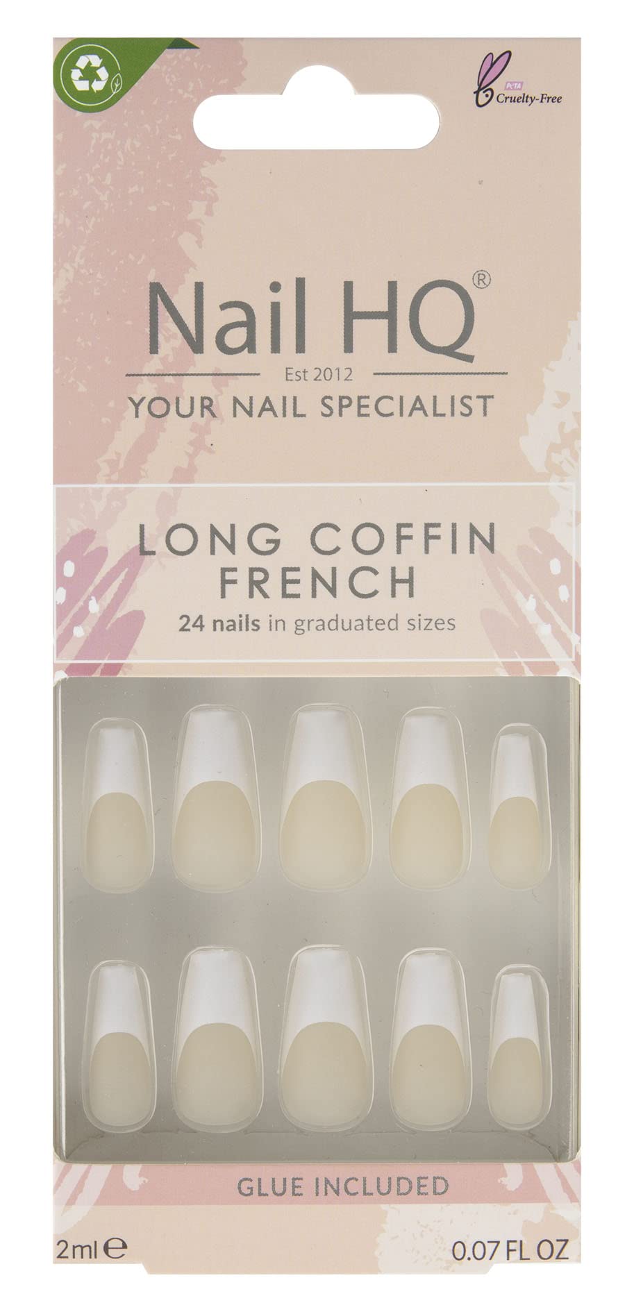 NAIL HQ Long Coffin French Nails, Natural & White