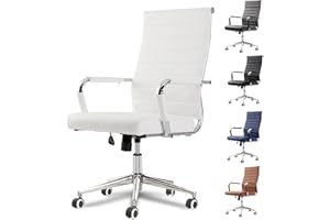 LEPDEP Okeysen White Office Desk Chair, Ergonomic Leather Modern Conference Room Chairs, Executive Ribbed Height Adjustable Swivel Rolling Chair for Home Office.