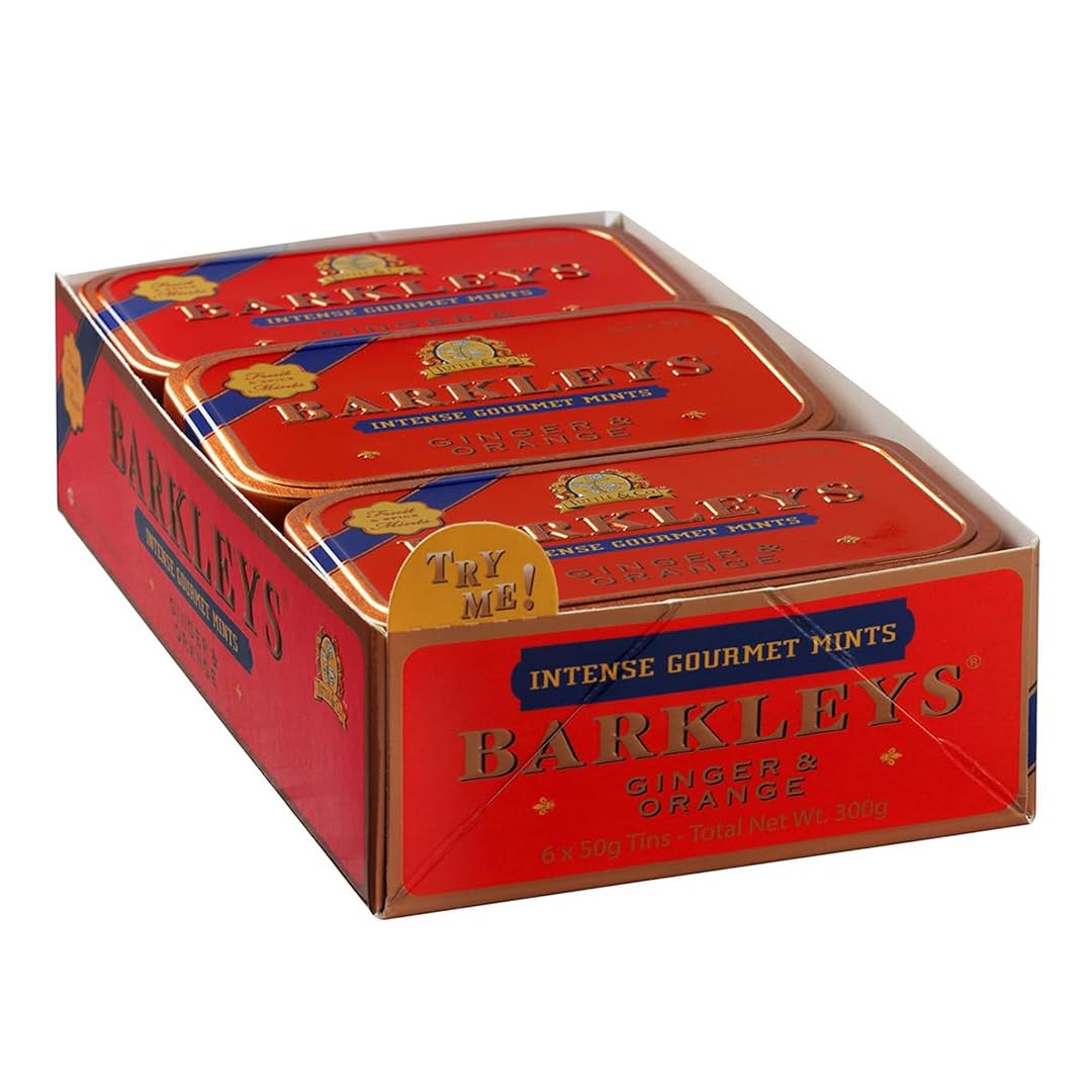 Barkleys Ginger and Orange Mints In 50Gr Tins Intense Gourmet Mints Vegan, All Natural (Pack of 6 x 50 g)