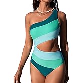 CUPSHE Women's One Piece Swimsuit One Shoulder Bathing Suit Cutout Color Block Swimwear