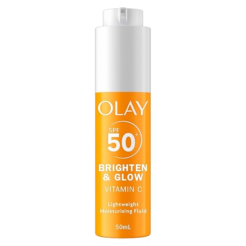 Olay Vitamin C Brighten & Glow 3in1 Moisturising Fluid SPF50+ Hydrating Skincare Moisturiser and Primer with Niacinamide, Provides Hydration, Glow, UV Protection, and Helps Correct Dark Spots, 50ml