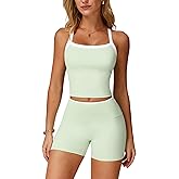 PQBPQB Women 2 Piece Workout Sets Padded Criss Cross Back Crop Tank High Waist Tummy Control Shorts Yoga Outfits