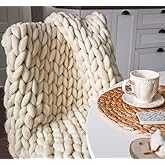 MLMGUO Chunky Knit Blanket Hand Made Merino Wool Throw Boho Bedroom Sofa Home Decor Giant Yarn(Ivory White 40"x60")