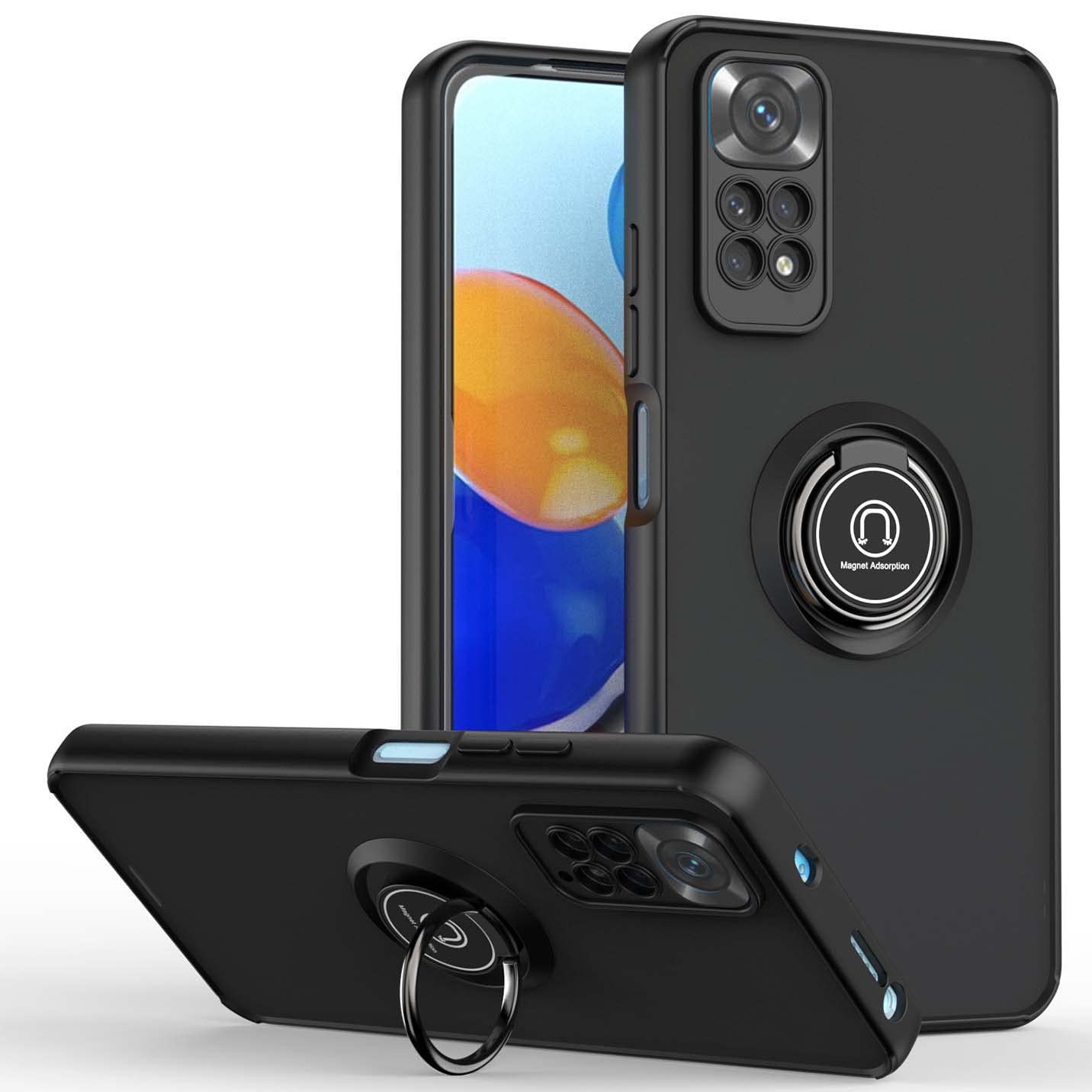 BORYA Shockproof Case for Xiaomi Redmi Note 12 Pro 4G, Premium Translucent Frosted PC+TPU Bumper Silky Ultra Thin Matte Silicone Ring Magnetic Car Kickstand Cover, Black