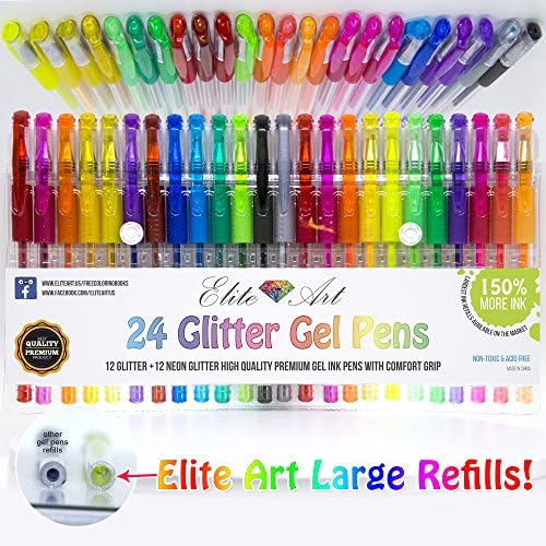24 Glitter NeonGlitter Gel Pens 150% 2.5x More Ink Premium Quality Unique Pack Art Set Maximum Ink on The Market Best for Adult Colouring Books, Drawing, Coloring Great Christmas Gift Acid Free