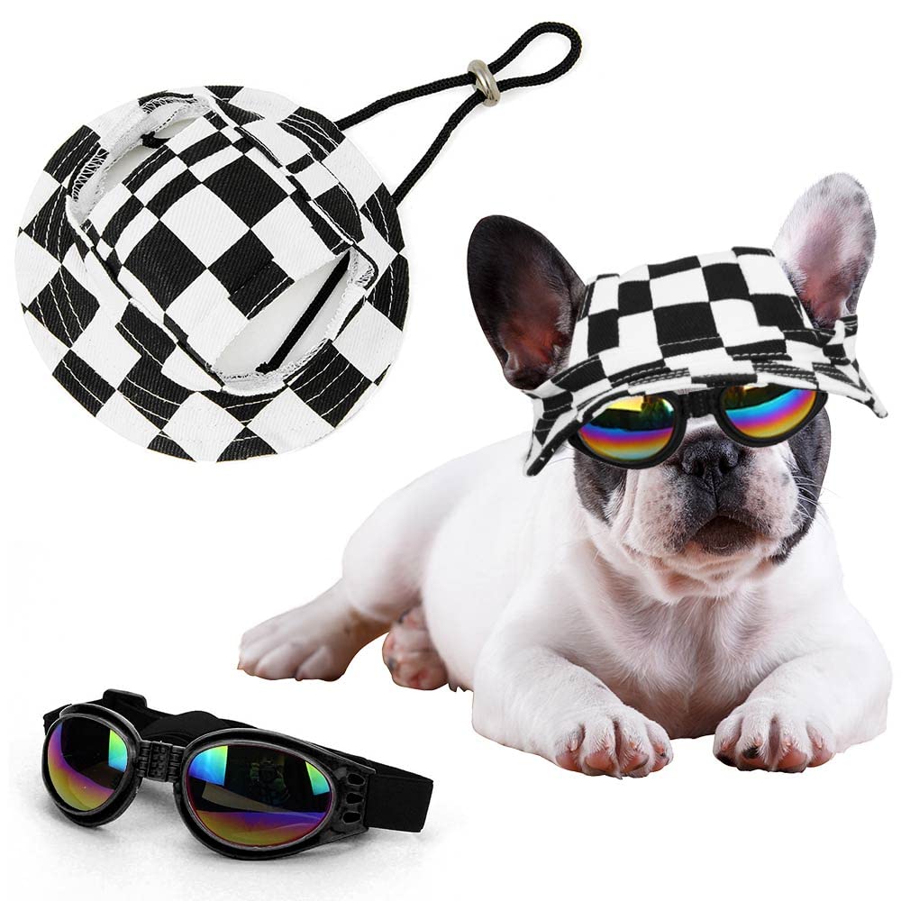 Photo 1 of Pet Bucket Hat with Sunglasses - Dog & Cat Sun Hat with Ear Holes - Summer Puppy Cooling Visor Caps (16cm Diameter)