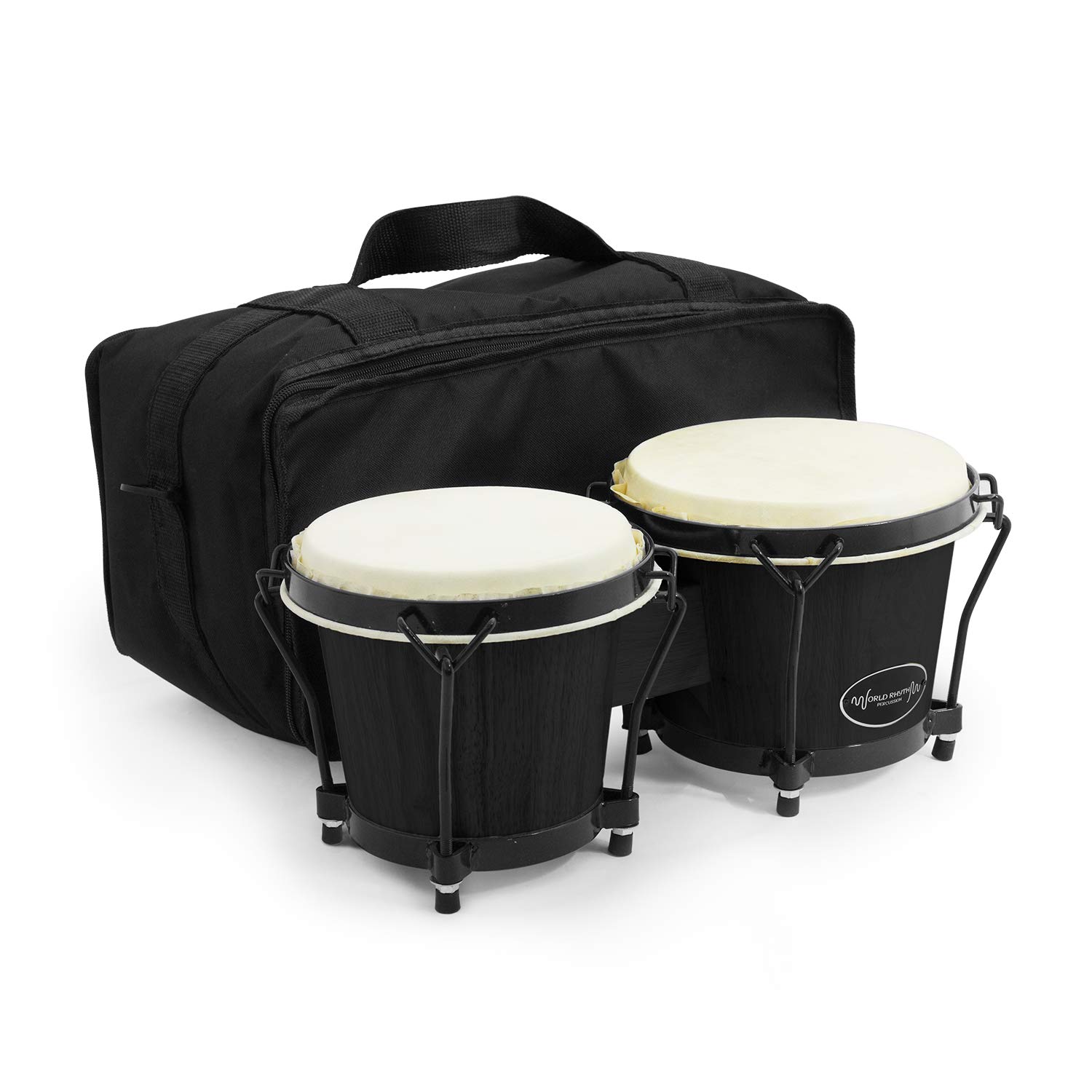 World Rhythm BON7 Bongos 6” & 7” Beginners Oak Bongo Drums – Matte Black Bongos with Padded Gig Bag