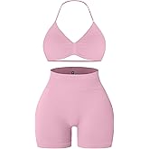 Comper 2 Piece Workout Sets for Women Halter Strappy Sports Bra with Seamless Ribbed Gym Yoga shorts Outfits