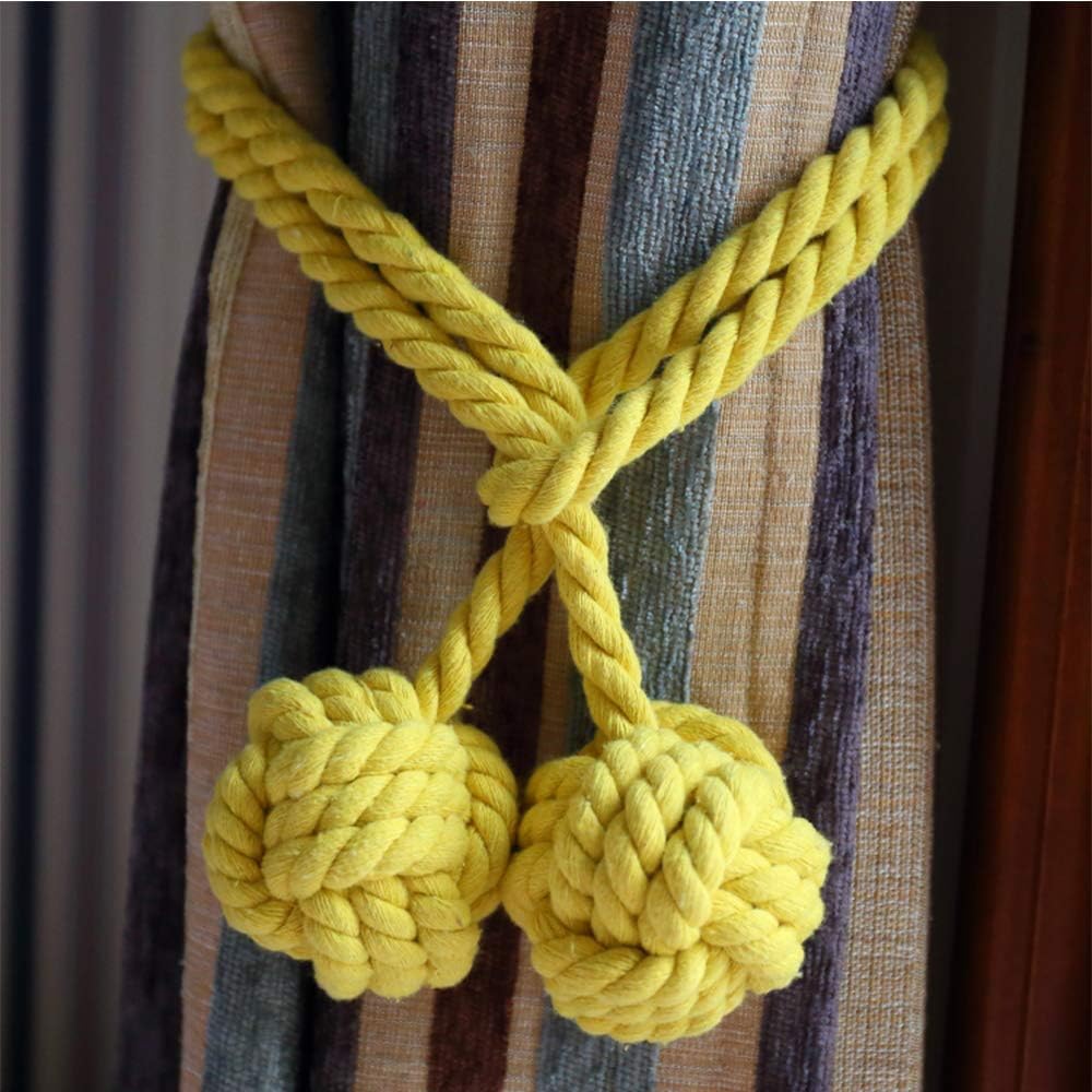 One Pair Of Handmade Curtain Tie Backs, Tied Curtain Clip Tassel Cotton Rope Tie Ball Back Curtain Accessories (Yellow)