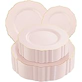 WDF 100pcs Pink Plastic Plates - High-end Baroque Design - Pink and Gold Plates for Upscale Party & Valentine's Day - Including 50 Disposable Plate 10.25inch, 50Salad Plate 7.5inch
