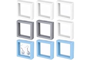 SHERCHPRY 9pcs Floating Display Frame Set, Mini Plastic Shadow Boxes 7x7x2cm, Gray White Light Blue Desktop