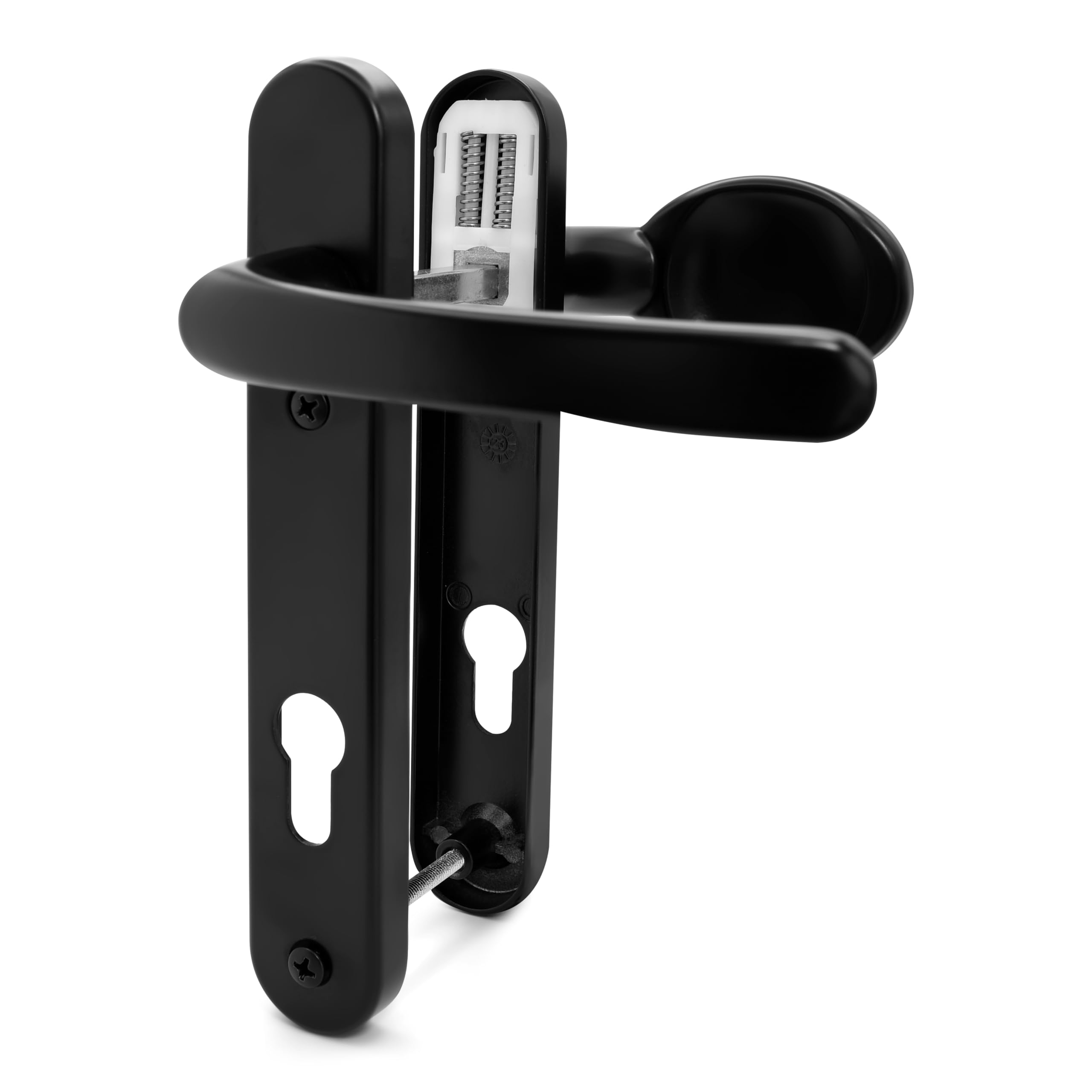 TSS Black UPVC Door Handle Pair Set, Sprung, 92mm PZ (Centres), Lever Moveable Pad, 122mm Screw to Screw (Screw centres), Backplate 212mm x 34mm - Replacement PVC Door Handle in Black