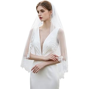 Lanjiesh White Wedding Veil with Comb, Tier Floral Edge Lace Bridal Tulle Veil for Women Church Wedding, Bride Wedding Access