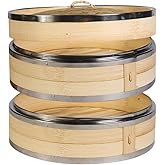 Hcooker 2 Tier Kitchen Bamboo Steamer with Double Stainless Steel Banding for Asian Cooking Buns Dumplings Vegetables Fish Ri