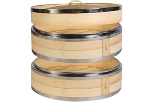 Hcooker 2 Tier Kitchen Bamboo Steamer with Double Stainless Steel Banding for Asian Cooking Buns Dumplings Vegetables Fish Ri