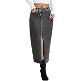 SweatyRocks Women's Casual High Waist Denim Skirt Split Hem Raw Trim Midi Jean Skirts