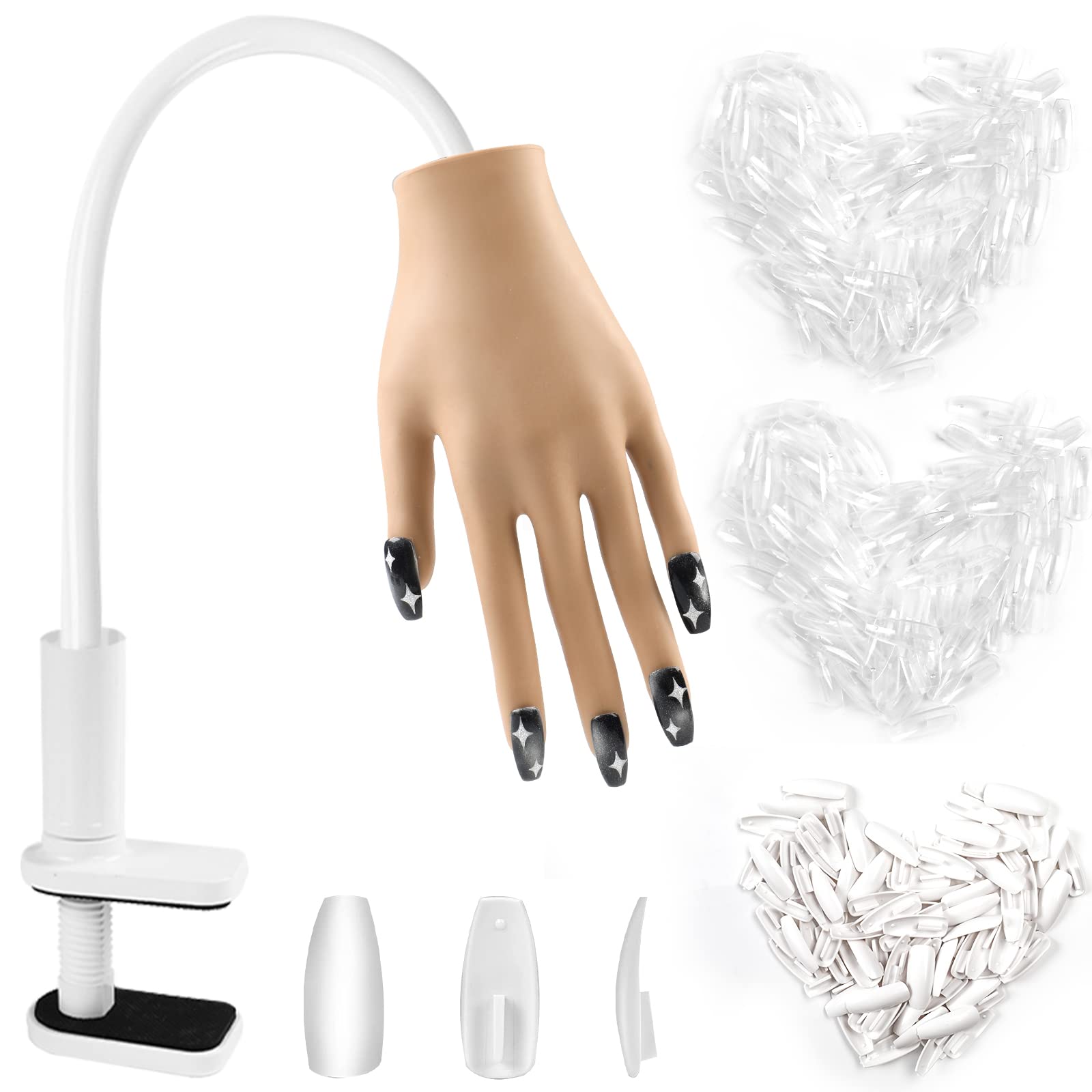 Practice Hand for Acrylic Nails, Silicone Nail Hands with 300PCS Nail Tips Never Fall Off, Flexible Movable Fake Hand Fingers Never Break, Hand for Nail Training