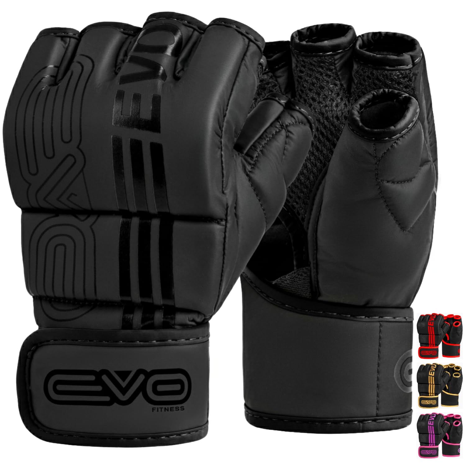 EVO Fitness Matte Black MMA Gloves Martial Arts Mitts Grappling Sparring Men Muay Thai Cage Fighting Boxing Combat Sports Women pink UFC Punching Bag Training (Small, Black)
