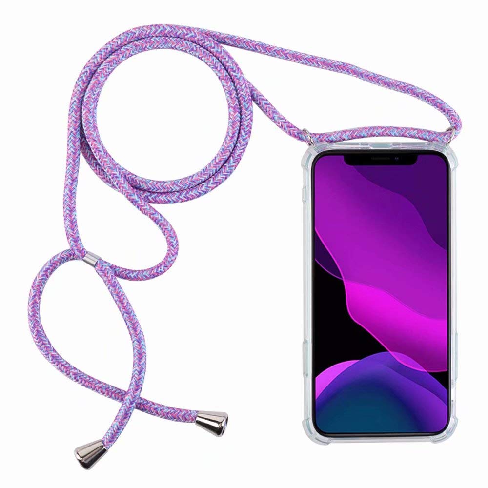 2ndSpring Crossbody Case Compatible with iPhone 11 PRO 5.8,Clear TPU Shell with Neck Cord Lanyard Strap,Blue rainbow